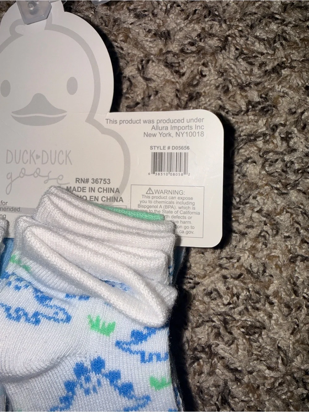 Duck Duck Goose 10-Pack Baby Socks (12-24M) - White with Blue & Green Prints